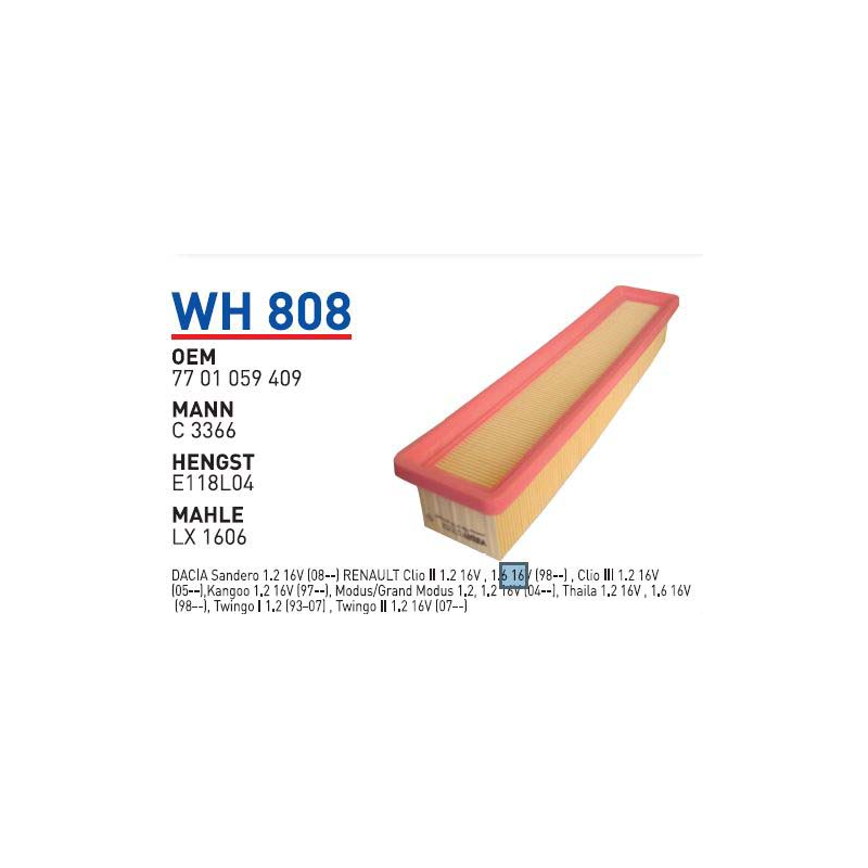 Wh808 Oem 7701059409 Renault clio III modüs Otomobil hava filtre air filter