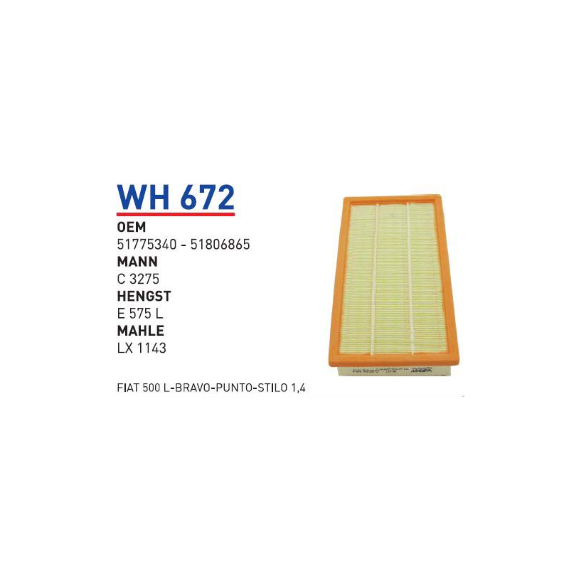 Wh672 Oem 51775340 Fiat 500L bravo punto stılo Otomobil hava filtre air filter