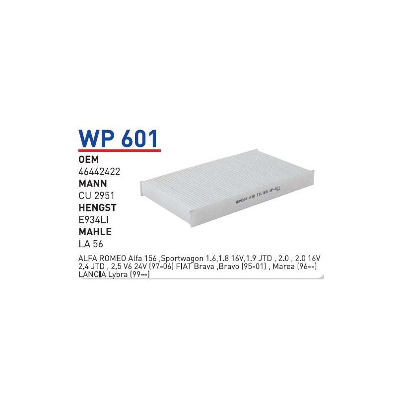 Wp601 Oem 46442422 Fiat brava bravo (95-01) marea (95) Otomobil polen filtre pollen filter