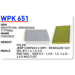 Wpk651 Oem 71775824 Fiat 500L 500X Multıjet Otomobil polen filtre pollen filter