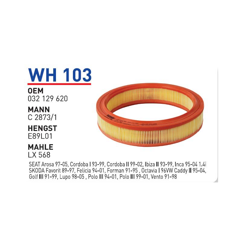 Wh103 Oem 032129620 Volkswagen polo Otomobil hava filtre air filter