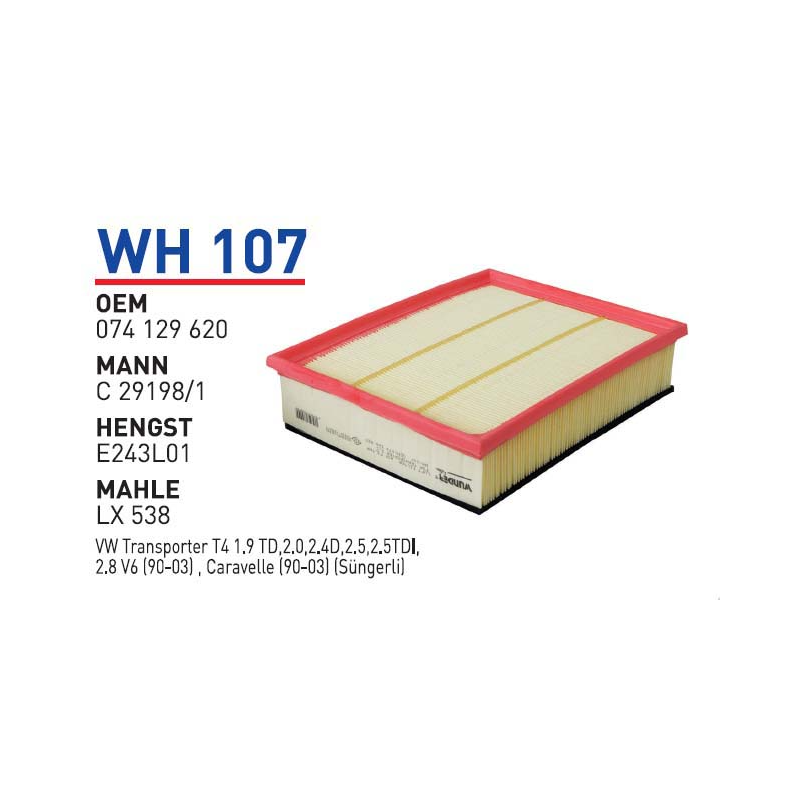 Wh107 Oem 074129620 Volkswagen transporter T4 Otomobil hava filtre air filter