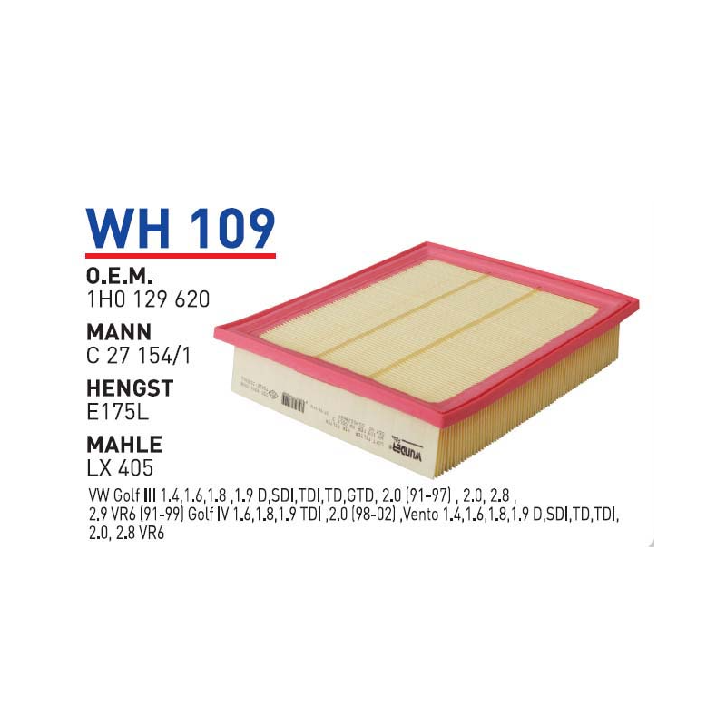 Wh109 Oem 1H0129620 Volkswagen golf III vento Otomobil hava filtre air filter