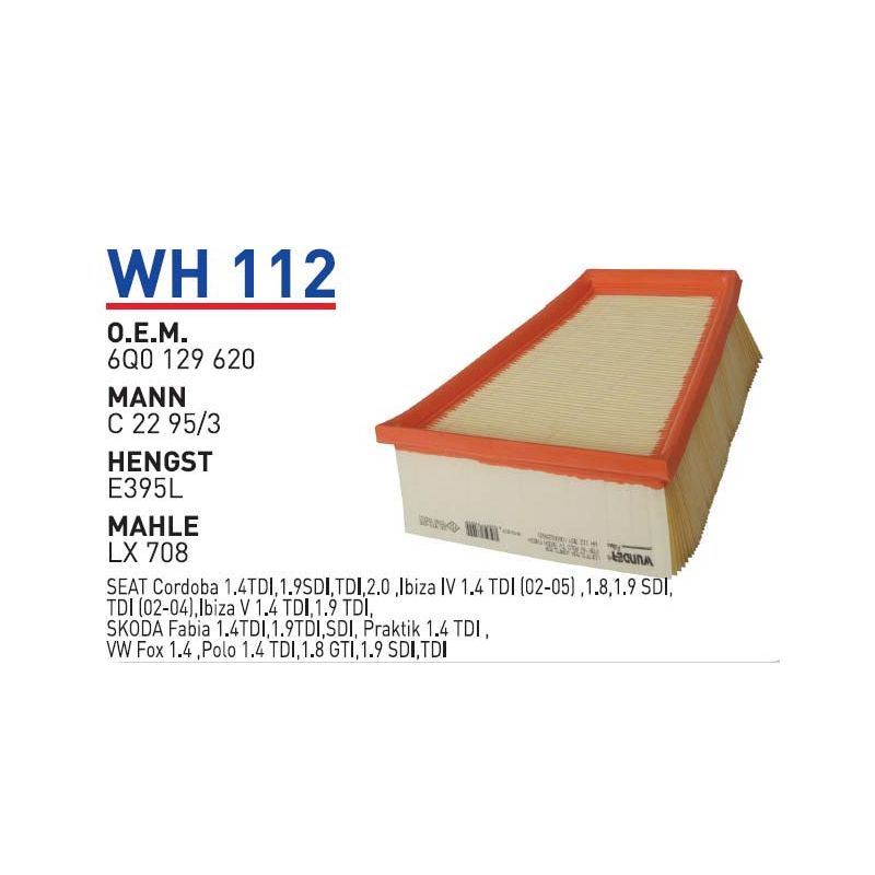 Wh112 Oem 6Q0129620 Volkswagen polo 1.4 Tdi Otomobil hava filtre air filter
