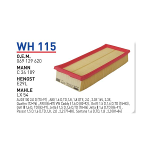Wh115 Oem 069129620 Volkswagen golf II 1.5 TD Otomobil hava filtre air filter