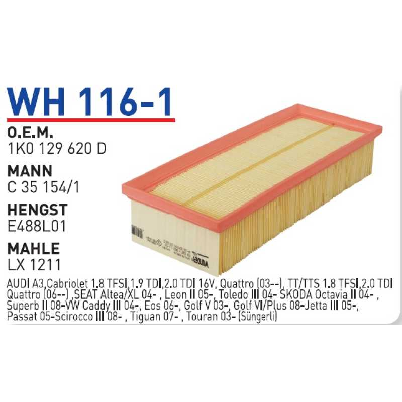 Wh116-1 Oem 1K0129620 D Volkswagen golf V 1.9-2.0 Otomobil hava filtre air filter