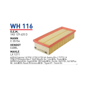 Wh116 Oem 1K0129620 D Volkswagen golf V 1.9-2.0 Otomobil hava filtre air filter