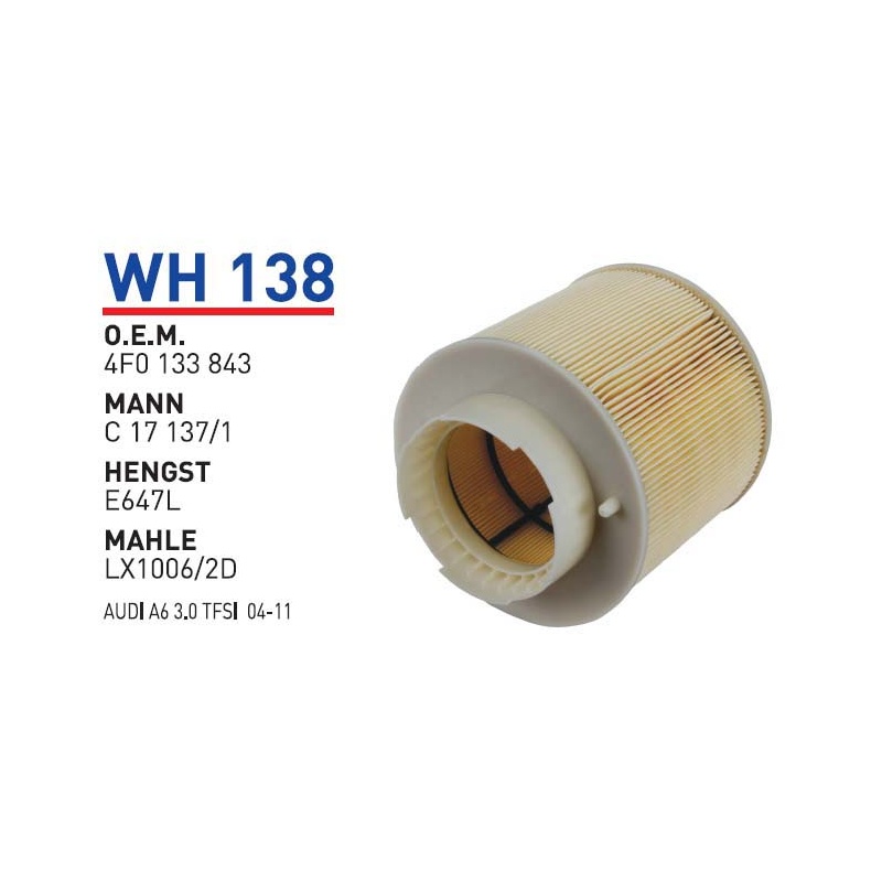 Wh138 Oem 4F0133843 Volkswagen audi A6 Otomobil hava filtre air filter