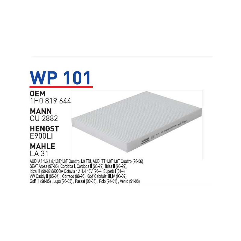 Wp101 Oem 1H0819644 Volkswagen golf bora polo Otomobil polen filtre pollen filter