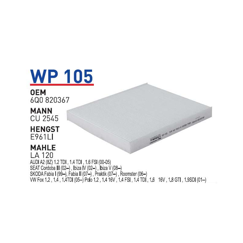 Wp105 Oem 6Q0820367 Volkswagen polo seat cordoba Otomobil polen filtre pollen filter