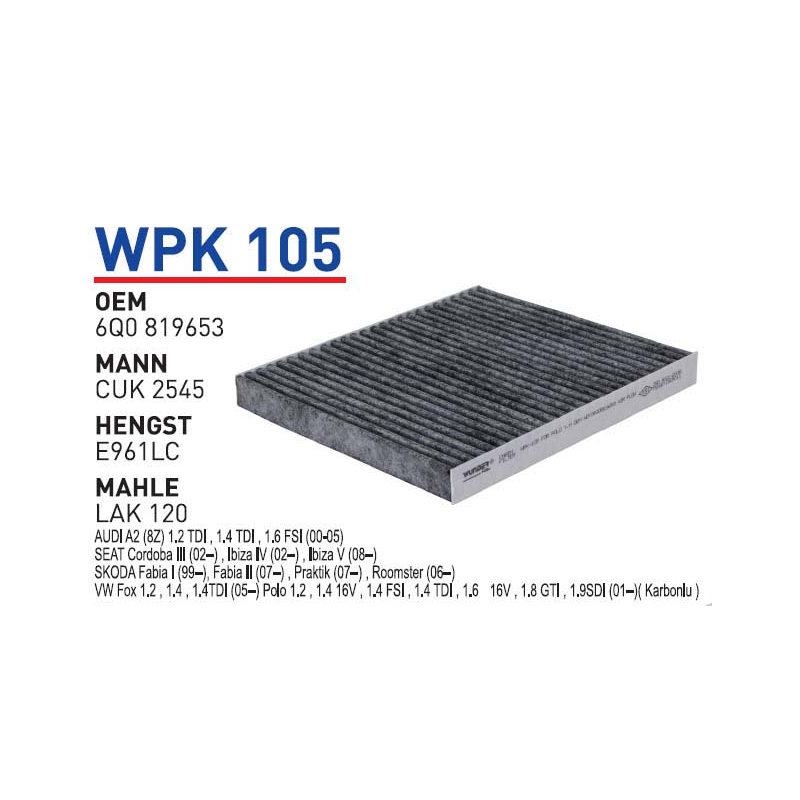 Wpk105 Oem 6Q0819653 Volkswagen polo audi seat Otomobil polen filtre pollen filter