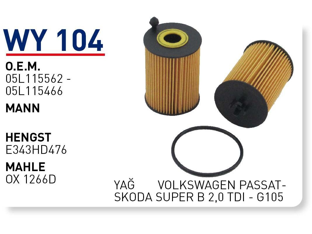 Wy104 Oem 05L115562 Volkswagen passat skoda super B Otomobil yağ filtre oil filter
