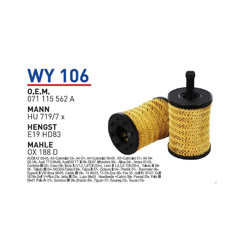 Wy106 Oem 071115562 A Volkswagen T5 polo passat jetta Otomobil yağ filtre oil filter