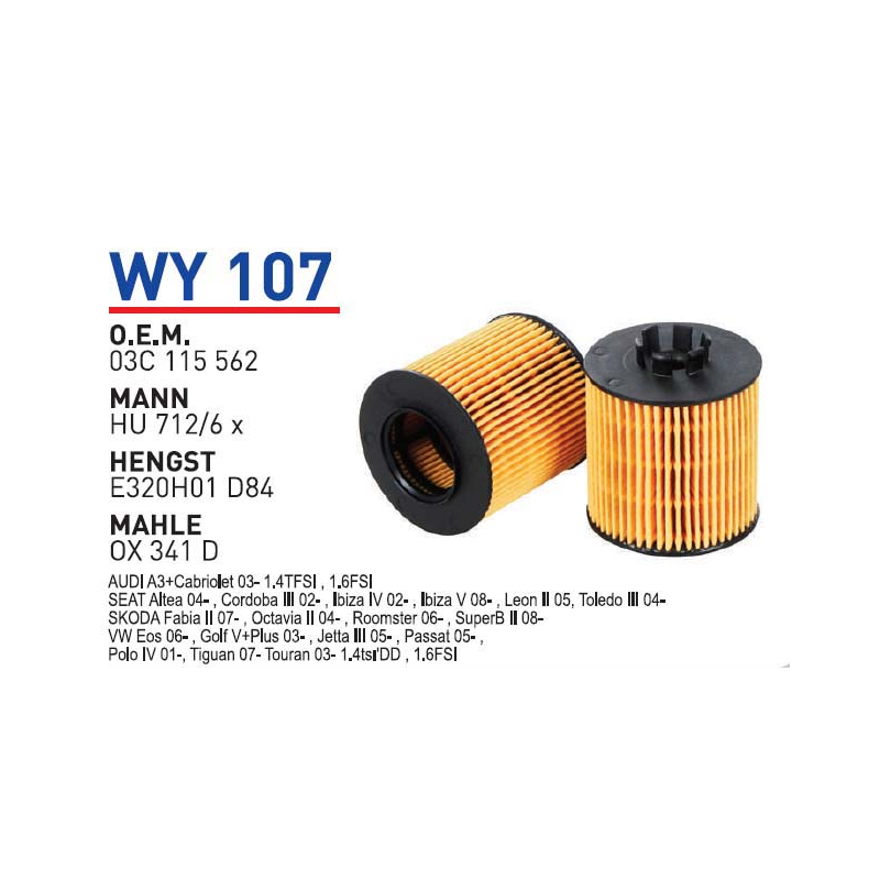Wy107 Oem 03C115562 Volkswagen golf V Jetta passat Otomobil yağ filtre oil filter