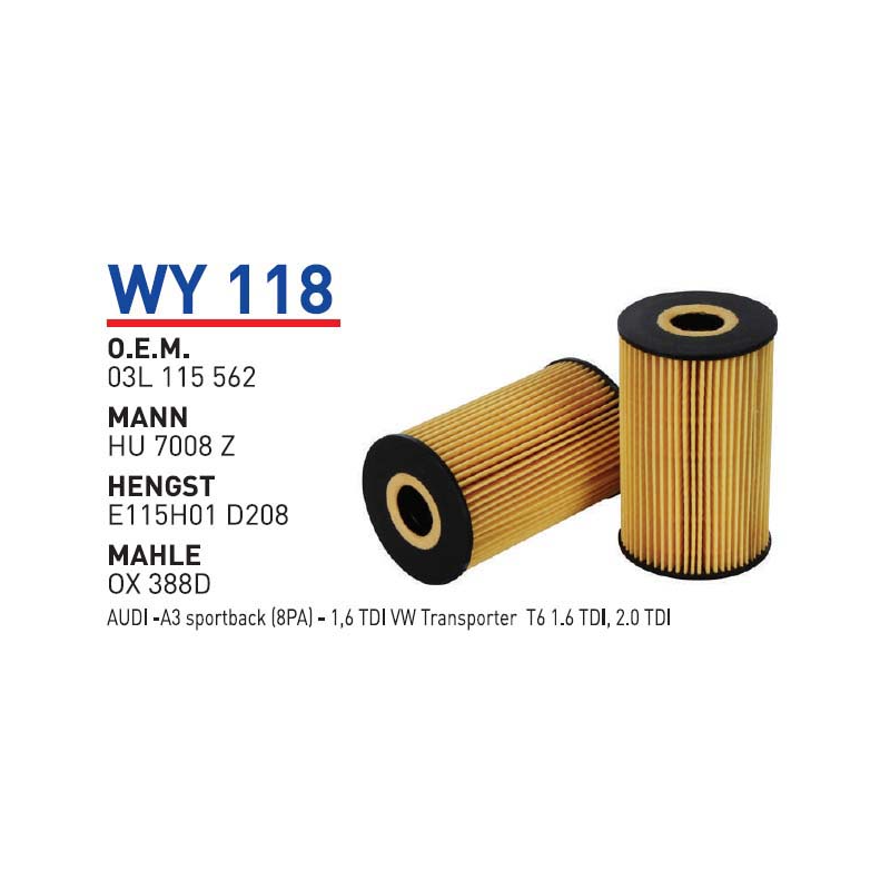 Wy118 Oem 03L115562 Volkswagen audi A3 sportback transporter T6 Otomobil yağ filtre oil filter