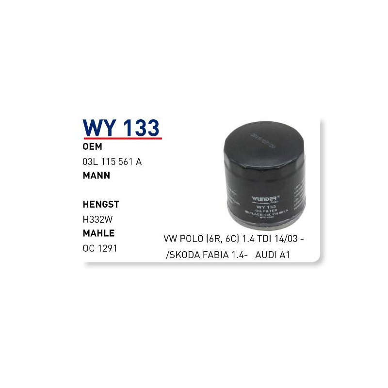 Wy133 Oem 03L115561A Volkswagen polo skoda fabia audi A1 Otomobil yağ filtre oil filter