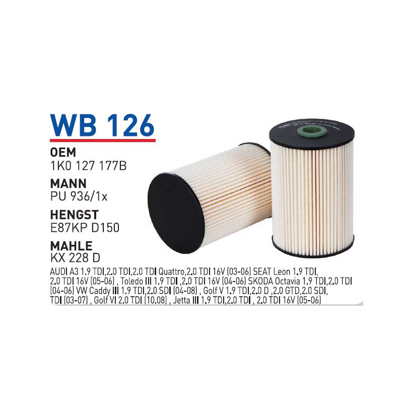 Wb126 Oem 1K0127177 B Volkswagen audi seat skoda Otomobil yakıt filtre dizel fuel filter diesel