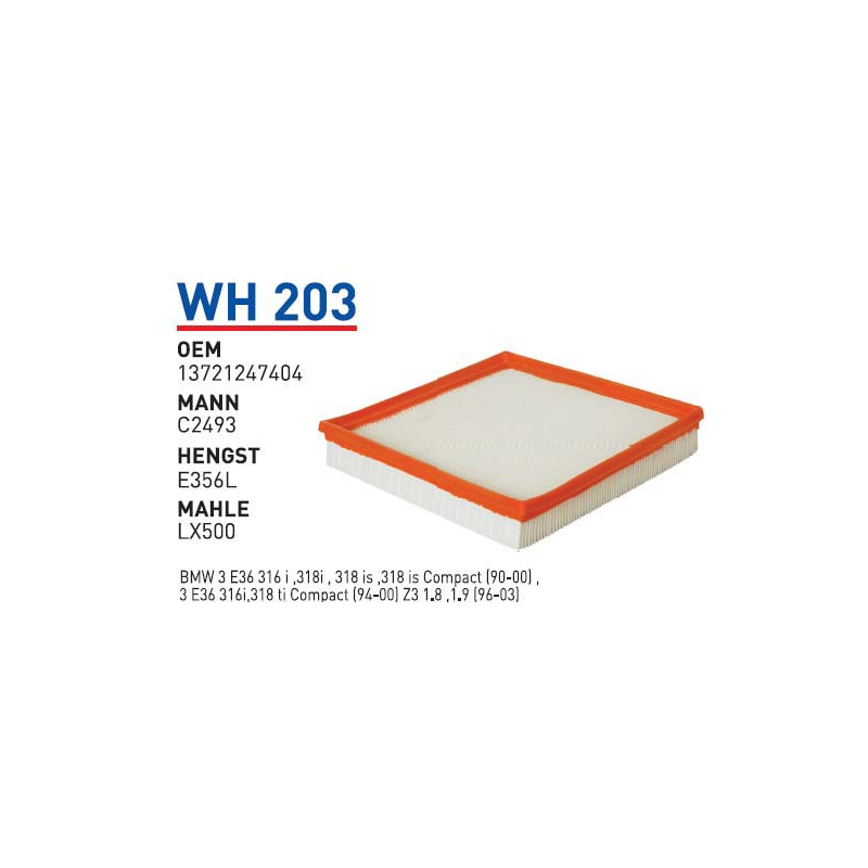 Wh203 Oem 13721247404 BMW E36 3.16 ti-3.18 ti COMPACT-Z3 M43 Otomobil hava filtre air filter