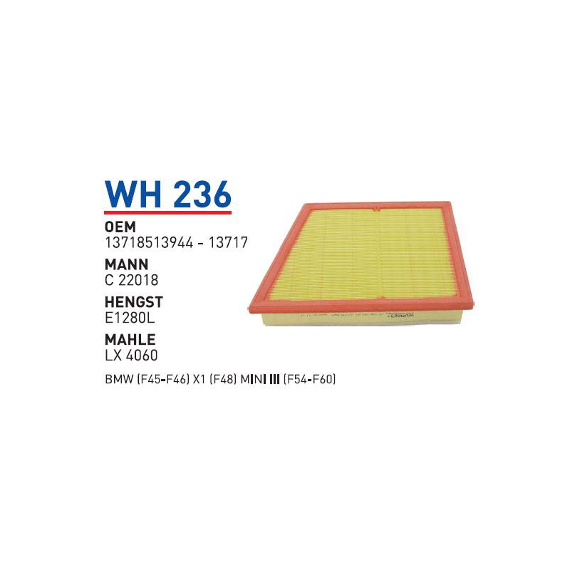 Wh236 Oem 13718513944 BMW (F45-F46) X1 (F48) MINI III (F54-F60) Otomobil hava filtre air filter