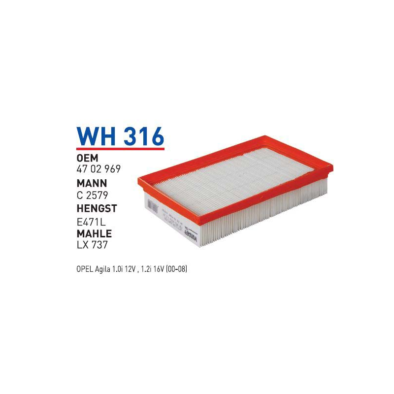 Wh316 Oem 4702969 Opel agila Otomobil hava filtre air filter