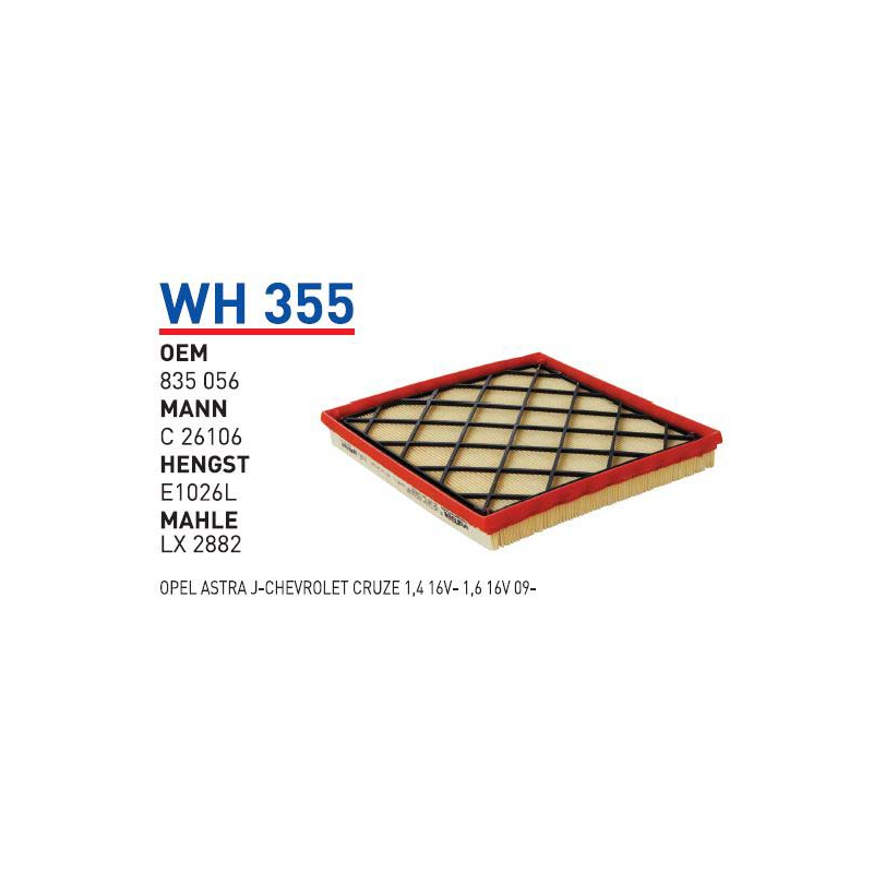 Wh355 Oem 835056 Opel astra J chevrolet cruze Otomobil hava filtre air filter