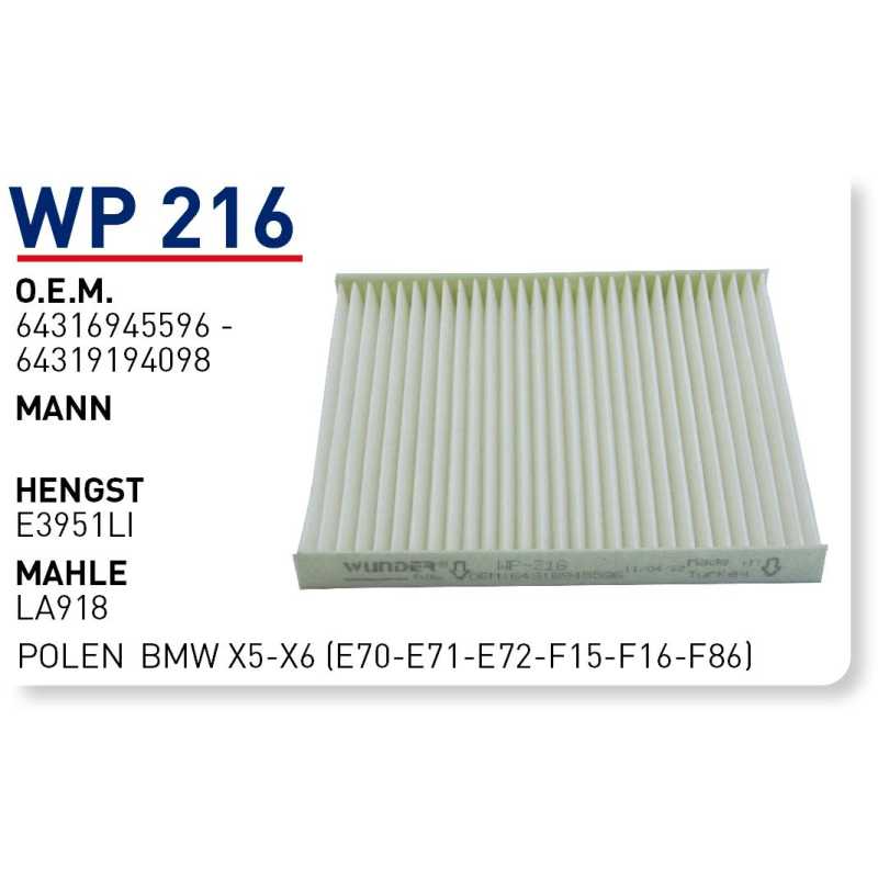Wp216 Oem 64316945596 BMW X5-X6 (E70-E71-E72-F15-F16-F86) Otomobil polen filtre pollen filter