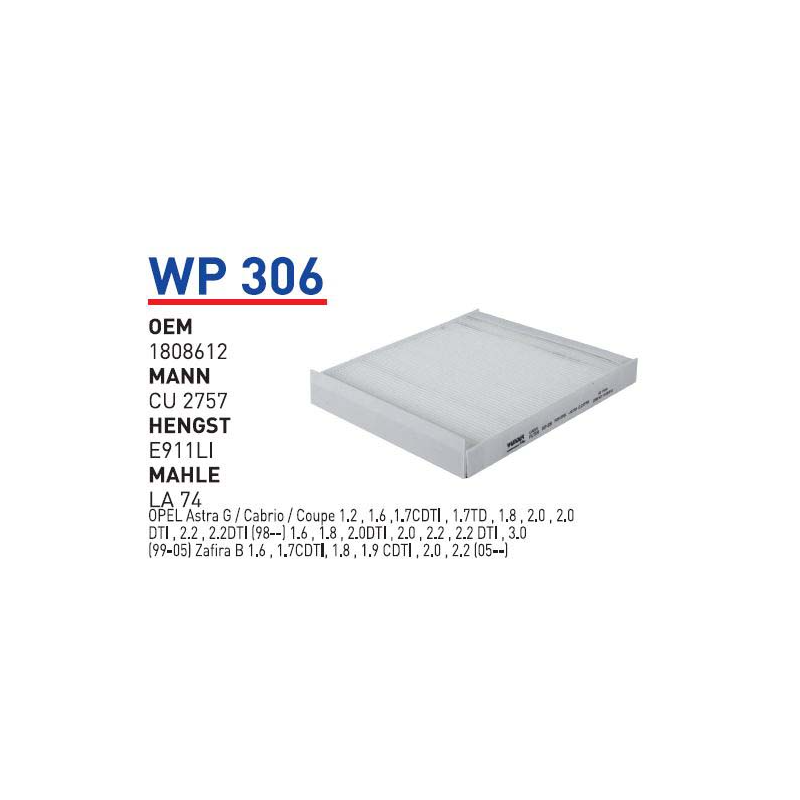 Wp306 Oem 1808612 Opel astra G zafira B Otomobil polen filtre pollen filter