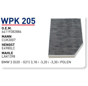 Wpk205 Oem 64119382886 BMW 3 (G20 - G21) 3,18 i -3,20 i -3,30 i Otomobil polen filtre pollen filter