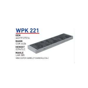 Wpk221 Oem 64319127516 Mini cooper cabriolet Otomobil polen filtre pollen filter