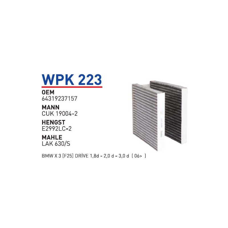 Wpk223 Oem 64319237157 BMW X3 (F25) DRIVE 1,8 D-2,0 D-3,0 D Otomobil polen filtre pollen filter
