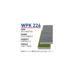 Wpk 226  Oem 64116823726 BMW X1-I3-MINI III (F54-F55-F60) Otomobil polen filtre pollen filter