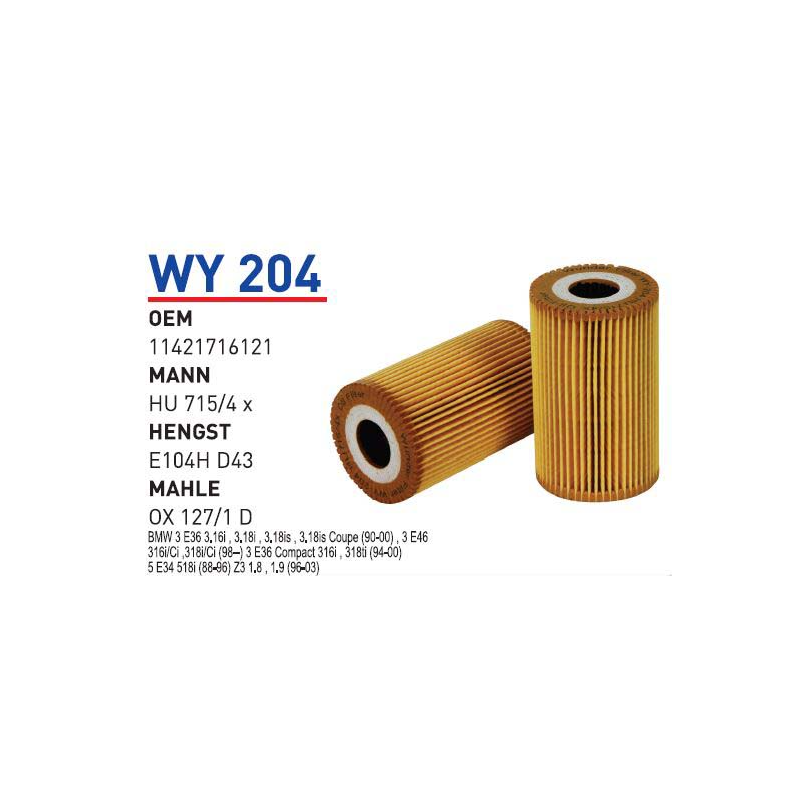 Wy204 Oem 11421716121 BMW E36 (93)-E46 (98)-Z3 (98) M43 Otomobil yağ filtre oil filter