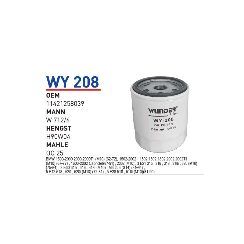 Wy208 Oem 11421258039 BMW E21 M10 Otomobil yağ filtre oil filter
