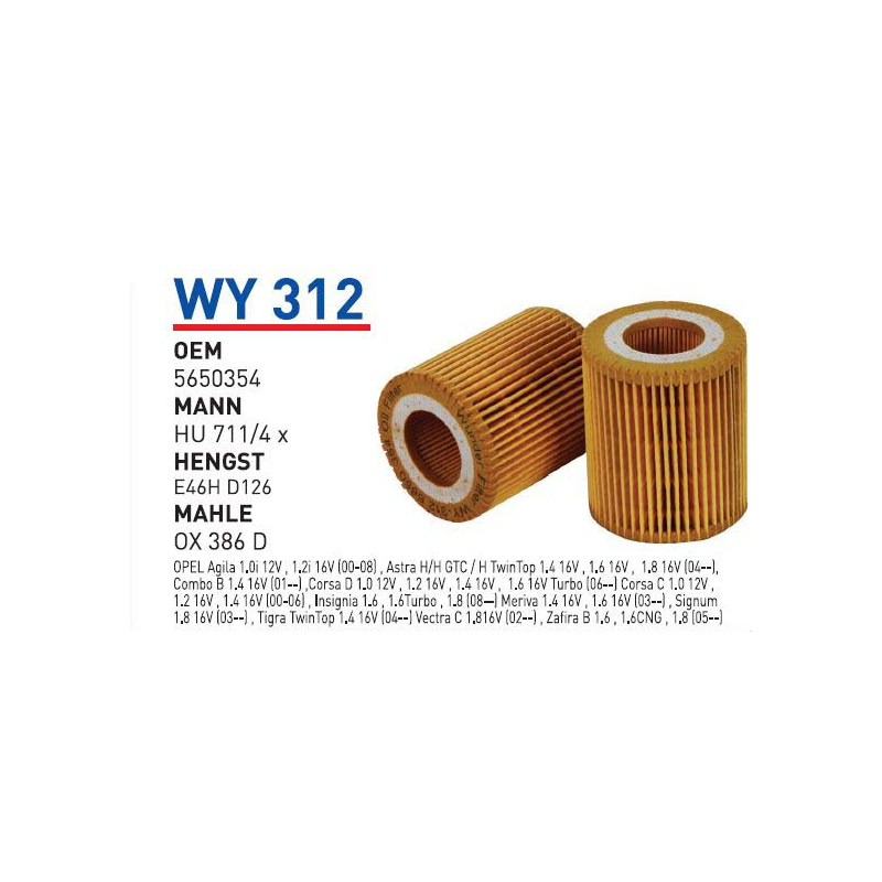 Wy312 Oem 5650354 Opel astra H vectra C Otomobil yağ filtre oil filter