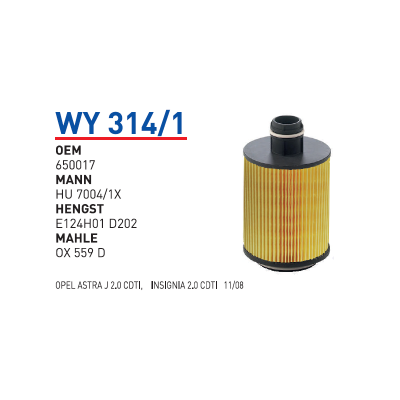 Wy314/1 Oem 650017 Opel astra J insignia Otomobil yağ filtre oil filter