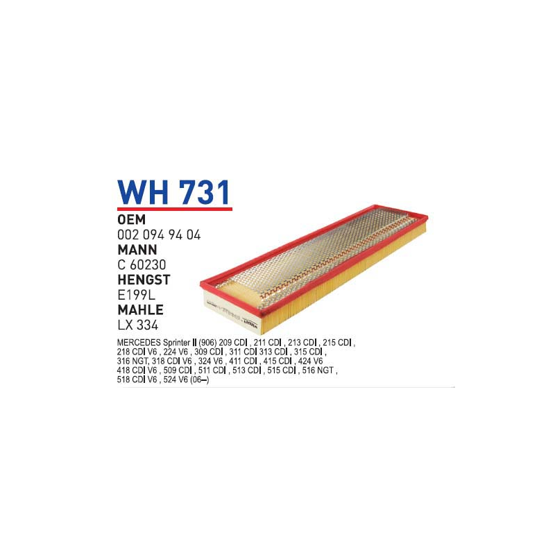 Wh731 Oem 0020949404 Mercedes sprinter II Otomobil hava filtre air filter