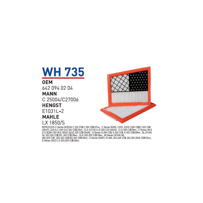 Wh735 Oem 6420940204 Mercedes C320 Cdi C350 Cdi Clk 320 Cdi Otomobil hava filtre air filter