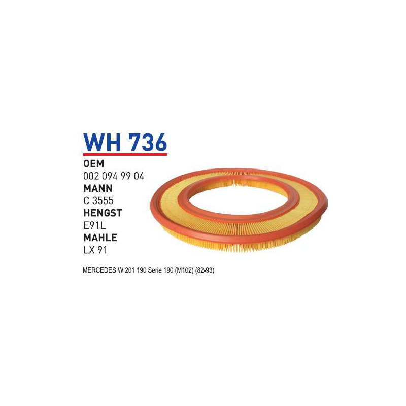Wh736 Oem 0020949904 Mercedes W 201 190 Serie 190 M102 Otomobil hava filtre air filter