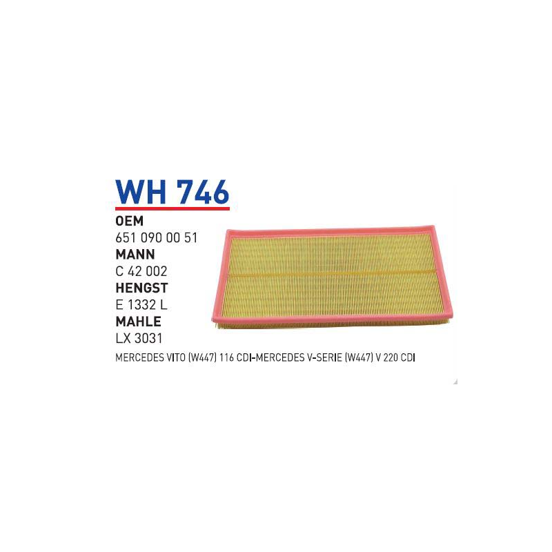 Wh746 Oem 6510900051 Mercedes Vito (W447) 116 Cdi Mercedes V Serie (W447) V 220 Cdi Otomobil hava filtre air filter