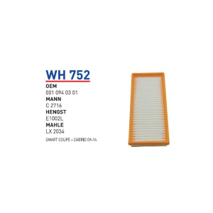 Wh752 Oem 0010940301 Smart Coupe Cabrio 09-14 Otomobil hava filtre air filter