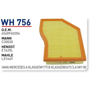 Wh756 Oem 6540940204 Mercedes A Klasse (W177) B Klasse (W247) Cla (W118) Otomobil hava filtre air filter