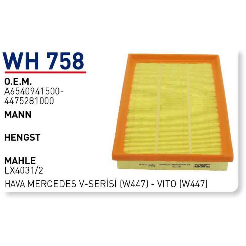 Wh758 Oem A6540941500 Mercedes V Seri̇si̇ (W447) Vİto (W447) Otomobil hava filtre air filter