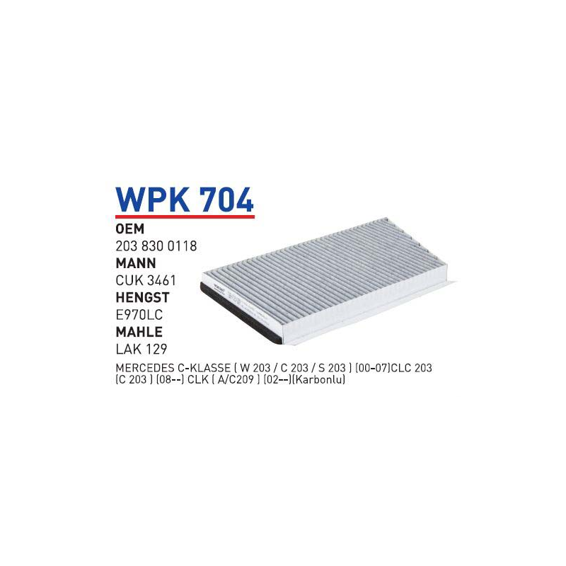 Wpk704 Oem 2038300118 Mercedes 203 C CLK Klass Otomobil polen filtre pollen filter