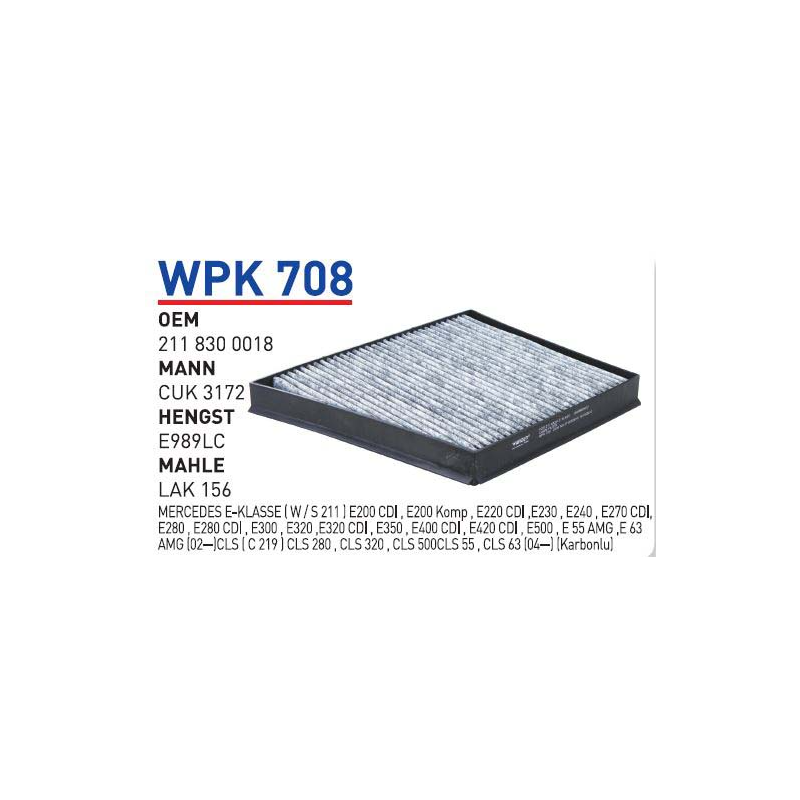 Wpk708 Oem 2118300018 Mercedes 211 E Klass Otomobil polen filtre pollen filter