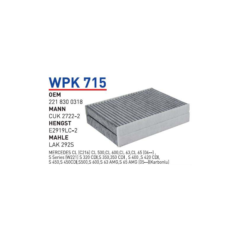 Wpk715 oem 2218300318 Mercedes 221 S 320 S 350 cdi̇ otomobil polen filtre pollen filter