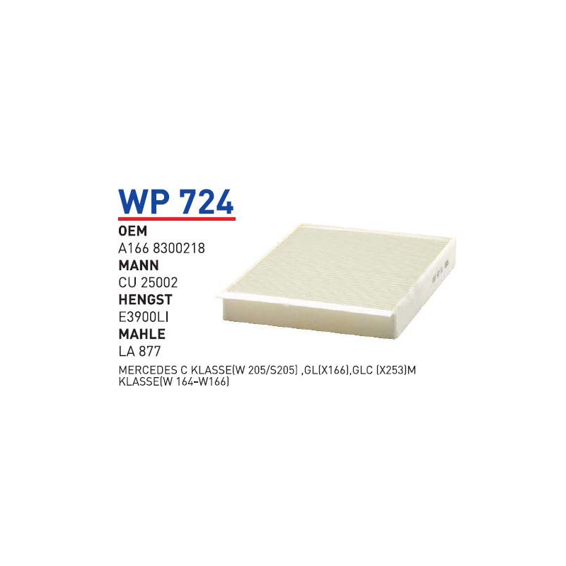 Wp724 oem A1668300218 Mercedes c klasse (w 205/s205) gl(x166),glc (x253)m klasse (w 164-w166) otomobil polen filtre pollen filter