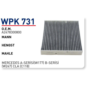 Wpk731 oem A2478300800 Mercedes a-serisi (w177) b-serisi (w247) cla (c118) otomobil polen filtre pollen filter