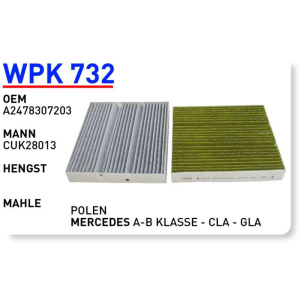 Wpk732 oem A2478307203 Mercedes a-b klasse cla gla otomobil polen filtre pollen filter