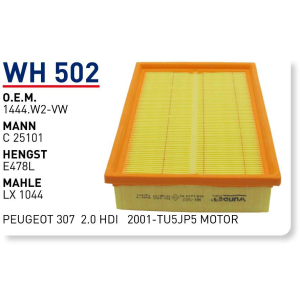 Wh502 oem 1444.W2-VW peugeot 307 2.0 hdi 2001-tu5jp5 otomobil hava filtre air filter