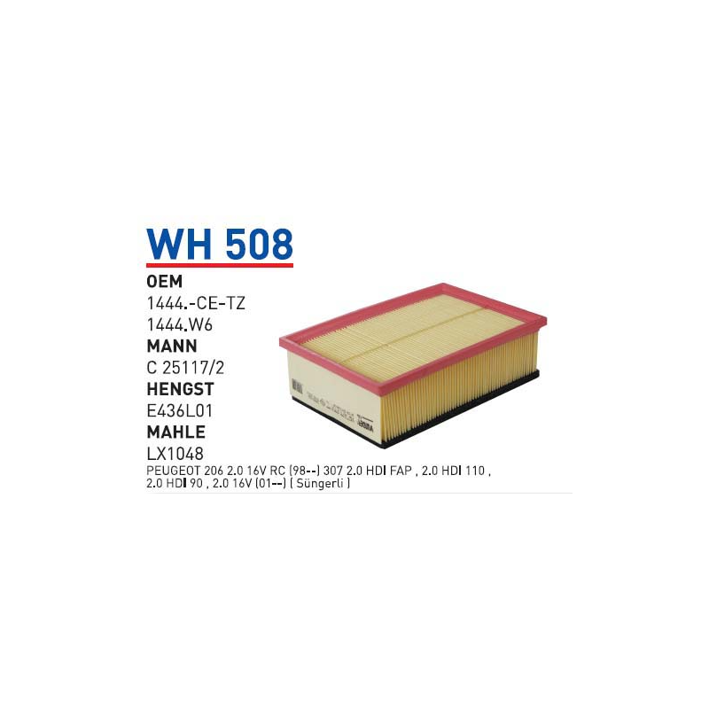 Wh508 oem 1444-CE-TZ -1444.W6 peugeot 307 1.4-1.6-2.0 dv10ated otomobil hava filtre air filter